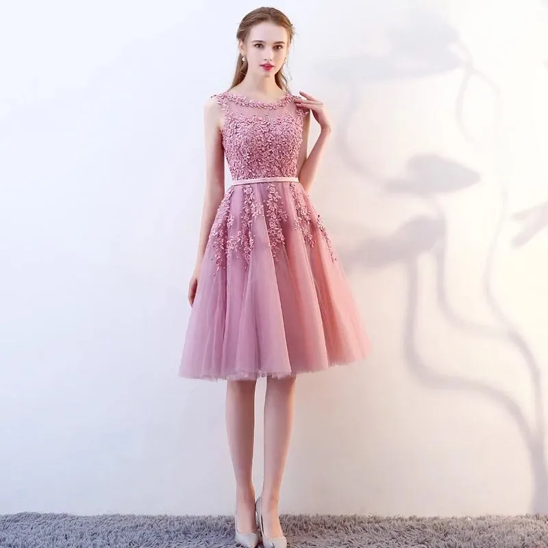 Stunning Knee-Length Junior Prom Dresses Short with Lace Applique and Illusion Back in Dark Navy, Black, Pink, and Red - DH4119
