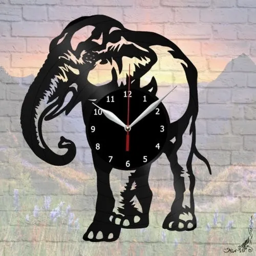 Elefant Vinyl-Schallplatten-Wanduhr, Dekor, originelles Geschenk, Kunst, 30,5 cm, 30 cm, Vintage-Wandkunst, die besten handgefertigten Geschenke (Größe: 30,5 cm, Farbe: Schwarz)