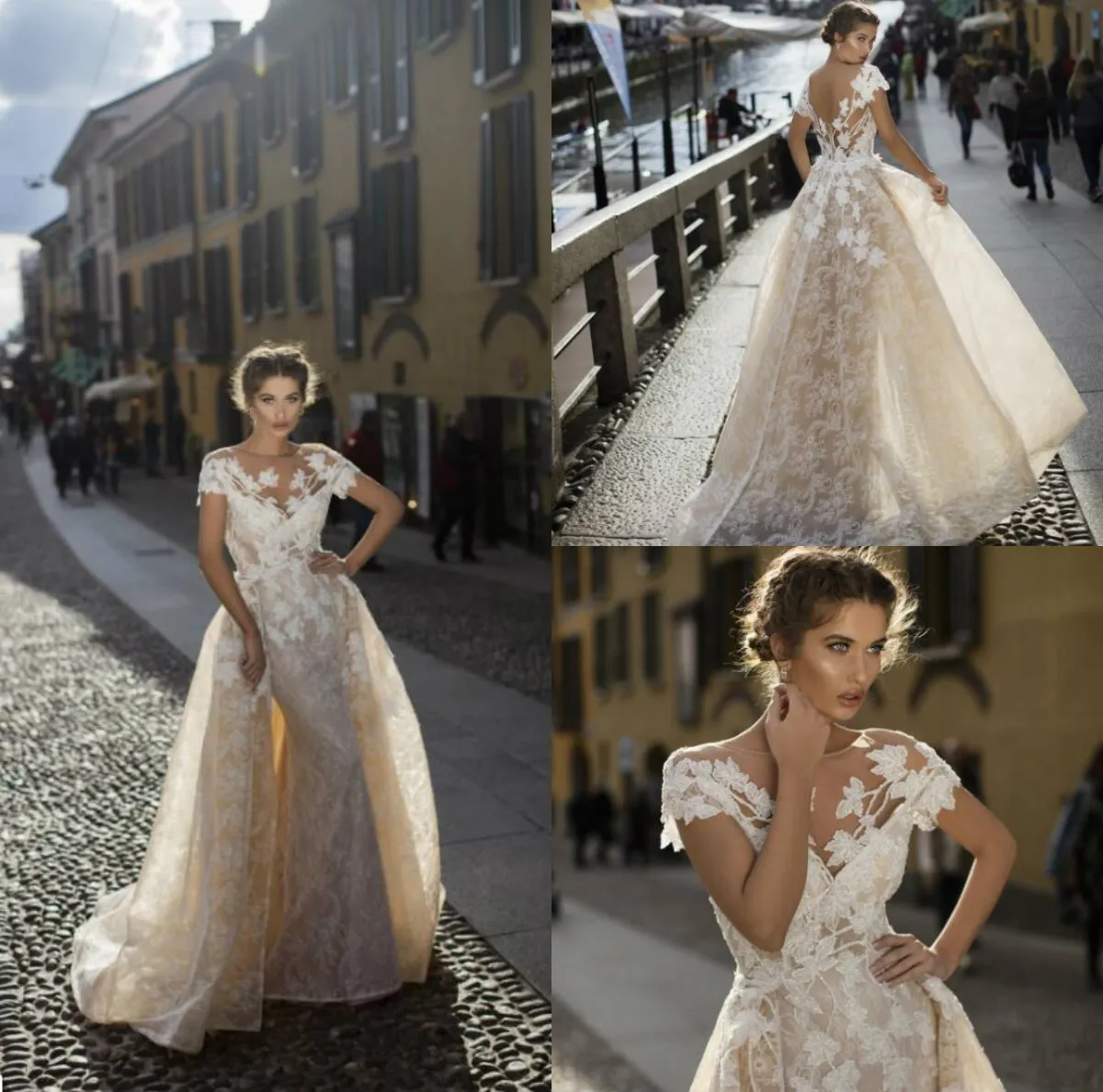 Gorgeous sirena abiti da sposa con treno staccabile gioiello collo maniche corte in pizzo appliques paese abito da sposa plus size vestito da sposa