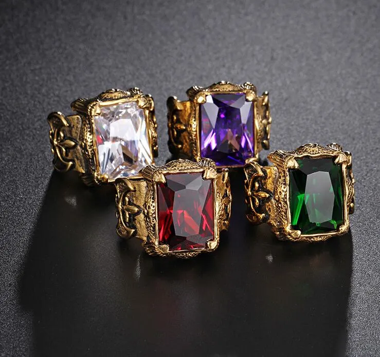 Vintage Gold Color Dragon Claw Rings Hiphop Men Stainless Steel Big Red Green Purple White CZ Zircon Crystal Stone Cross Ring Men Punk Rock Jewelry