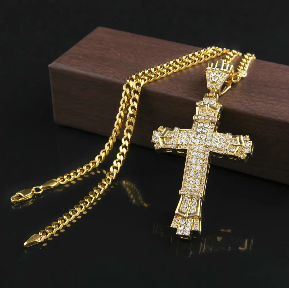 Cruz de plata retro Charm Colgante Full Ice Out CZ Diamantes simulados Crucifijo católico Collar colgante con cadena cubana larga Joyería de hip hop