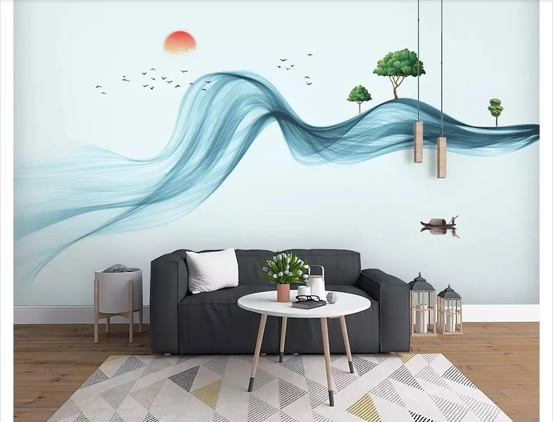 カスタム3D写真の壁の壁紙の壁紙新しい中国風の手描きの抽象的な線のインクの風景の背景の壁の壁の壁紙3D