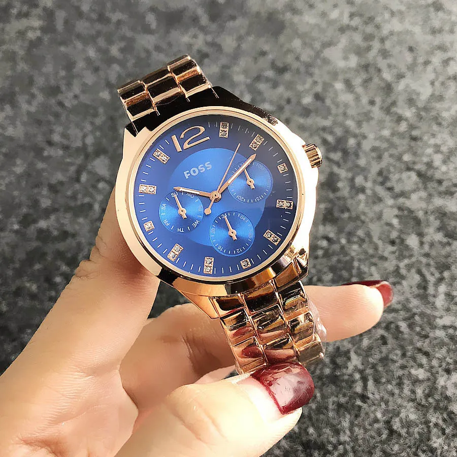 FOSS Brand quartz wrist Watch for Women Girl with crystal 3 Dials style dial metal steel band Watches FO 03