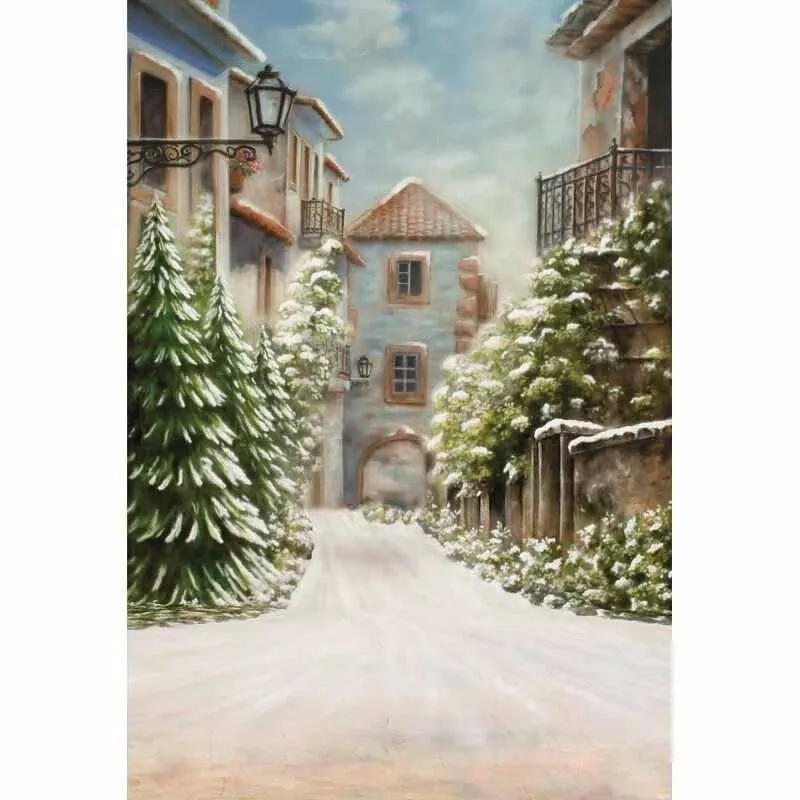 Arrière-plan de photographie d'hiver imprimé, maisons de route de rue, arbres de pins verts couverts de neige, arrière-plans de Studio Photo pour enfants