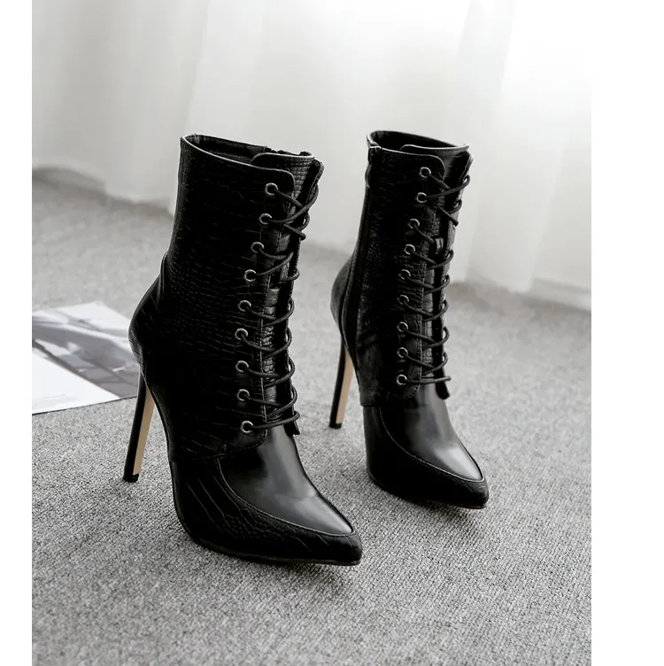 Designer Black Stiletto Heels With Snakeskin Pattern And Lace Up Bottes For Women 11 CM Pointed Toe PU Mid Calf Black High Heel Boots From Weddingteam 46.6 DHgate.Com