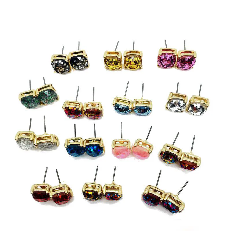 Fashion Glitter Druzy Drusy Square Dot orecchino i placcato oro carino piccolo Shinny Rainbow Opal Ear Stud gioielli da donna