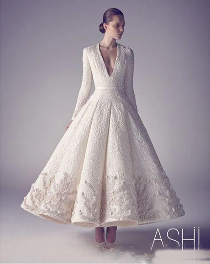 Ashi Studio White Vintage Tea Length Prom Dresses Sonam Kapoor Formal V-neck Long Sleeve Middle East Arabic Occasion Prom Gowns