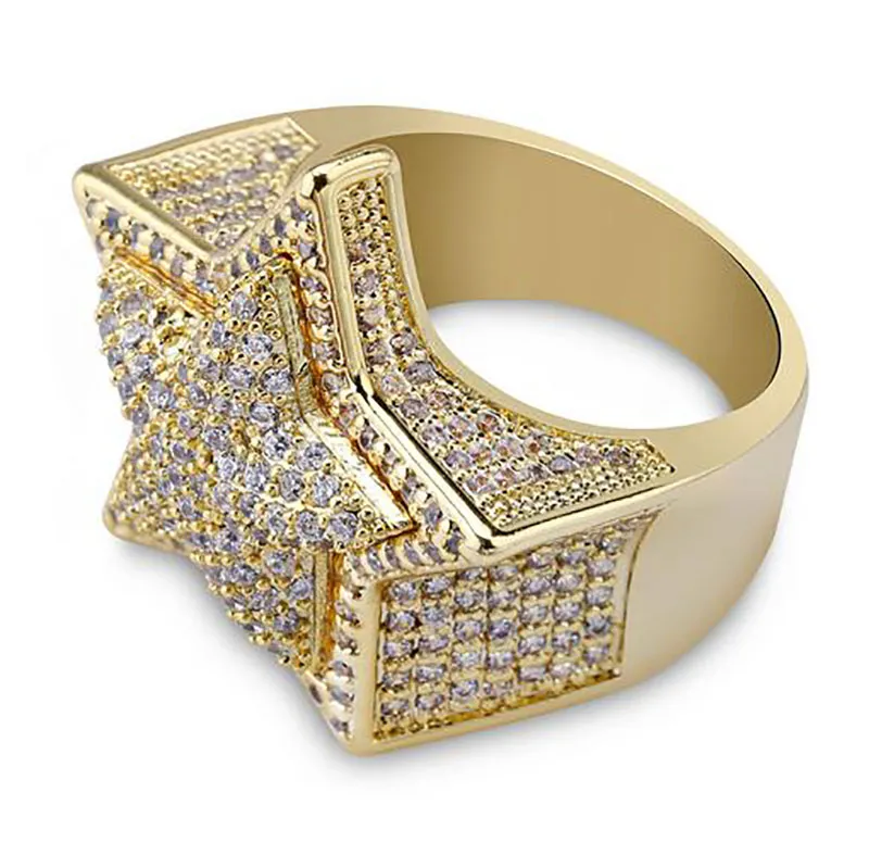 Mens 3D Super Star Gold CZ Bling Bling Rings 18K Yellow Gold Plated Iced Out Cubic Zirconia Micro Pave Ring Hip Hop Jewelry with Gift Box