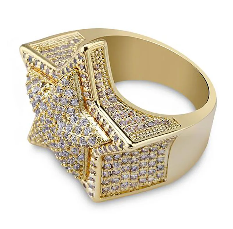 Mens 3D Super Star Gold CZ Bling Bling Anneaux Plaqué Or Jaune 18K Glacé Zircone Micro Pave Anneau Hip Hop Bijoux avec Boîte-Cadeau