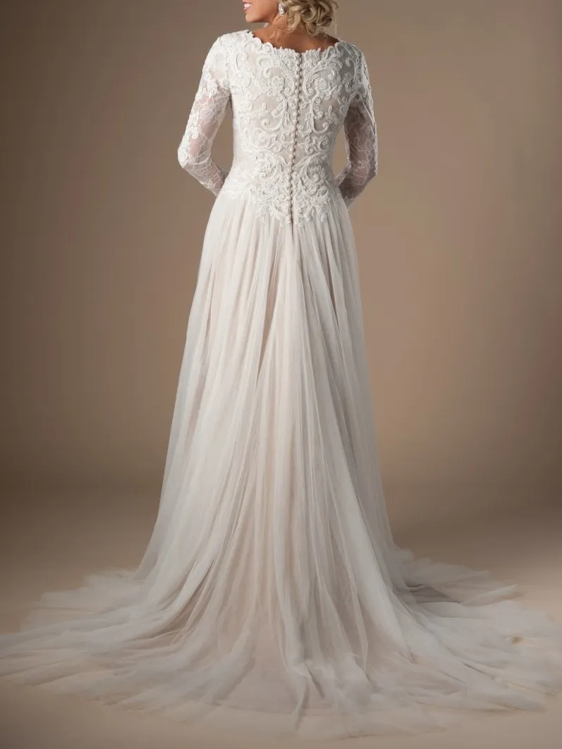 Abiti da sposa modesti color avorio con maniche lunghe Boho Lace Tulle Lds Abiti da sposa Maniche lunghe Split A-line Abito da sposa personalizzato