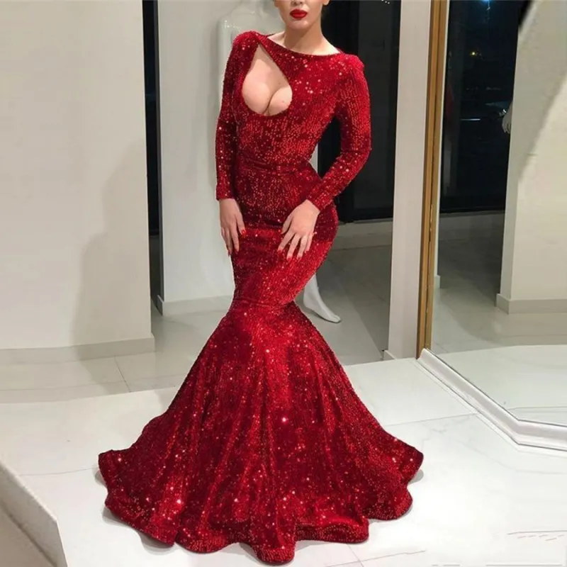 Red Prom Dress 2023 Mermaid/Trumpet V Neck Long Sleeves Sequin Rosette –  AnnaCustomDress