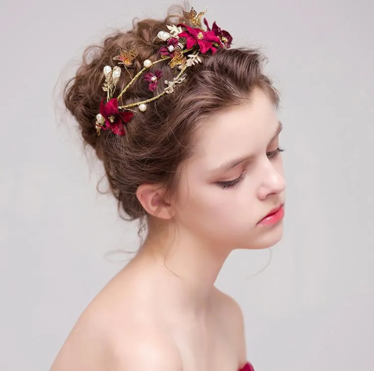 Bandeau Cheveux Femme Fleur Cristal Rouge | Métal Argenté | Accessoire Cheveux Anniversaire