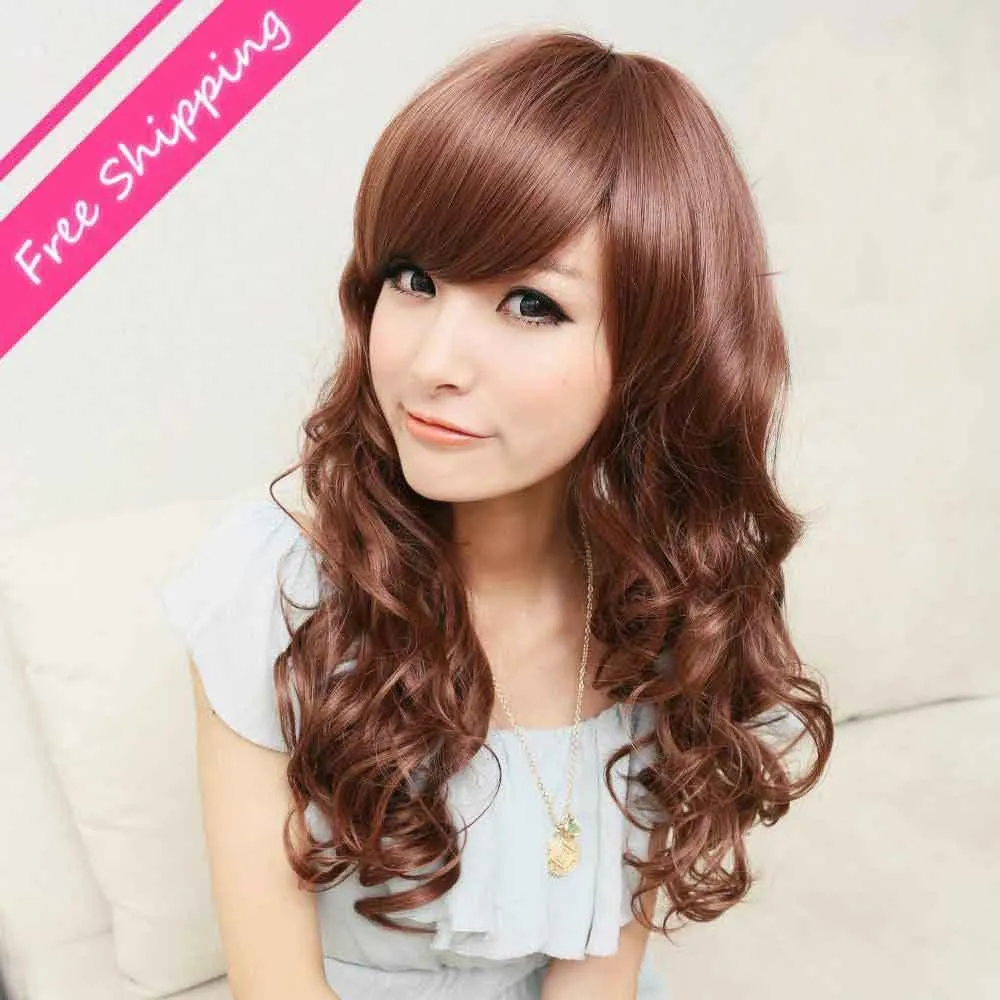 FIXSF567 estilo bonito encaracolado longo marrom moda perucas de cabelo para as mulheres peruca