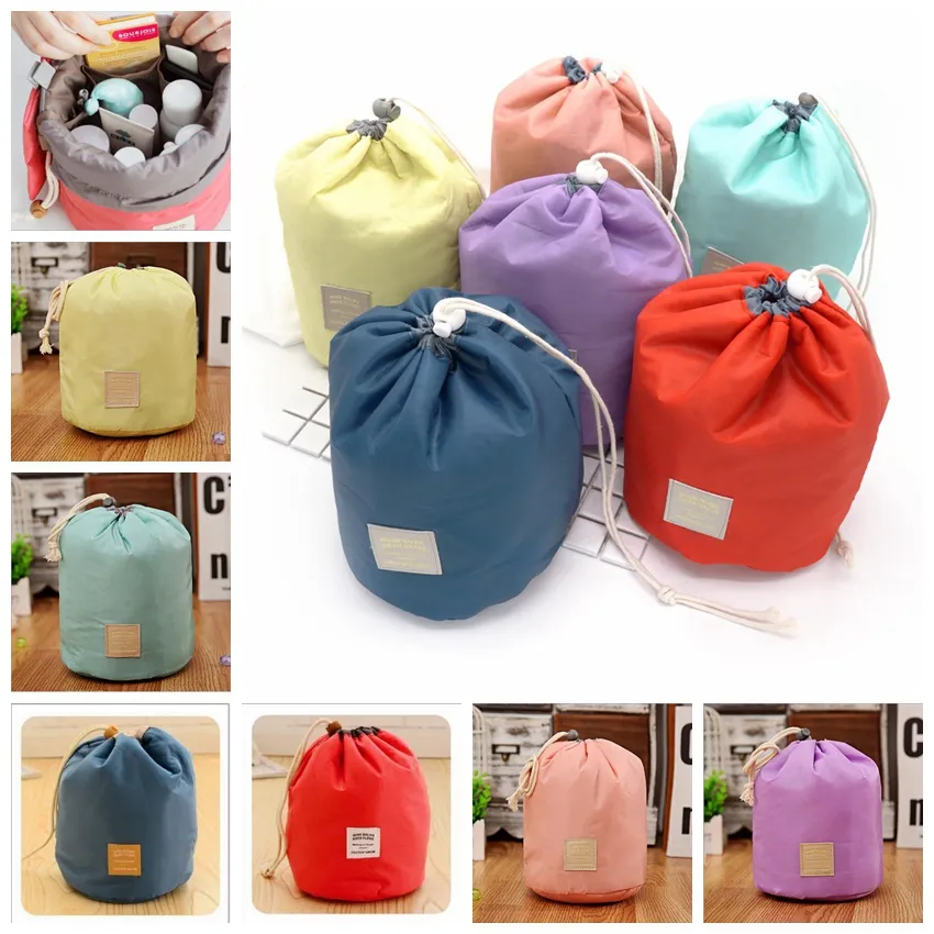 6Colors Femmes Sacs de rangement imperméables Organisateur Cylindre Sac cosmétique Cordons en nylon Pochette de voyage Sac extérieur Organisateur GGA835 100pcs