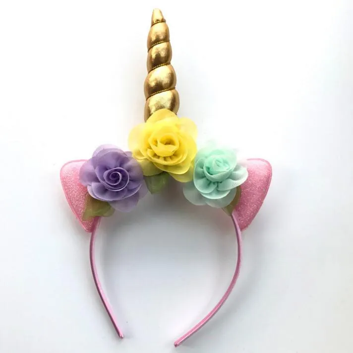 2018 Glitter Metallic Unicorn Headband Girls Chiffon Flowers Hairband For Kids leaf flower Unicorn Horn Party Hair Accessories GA215