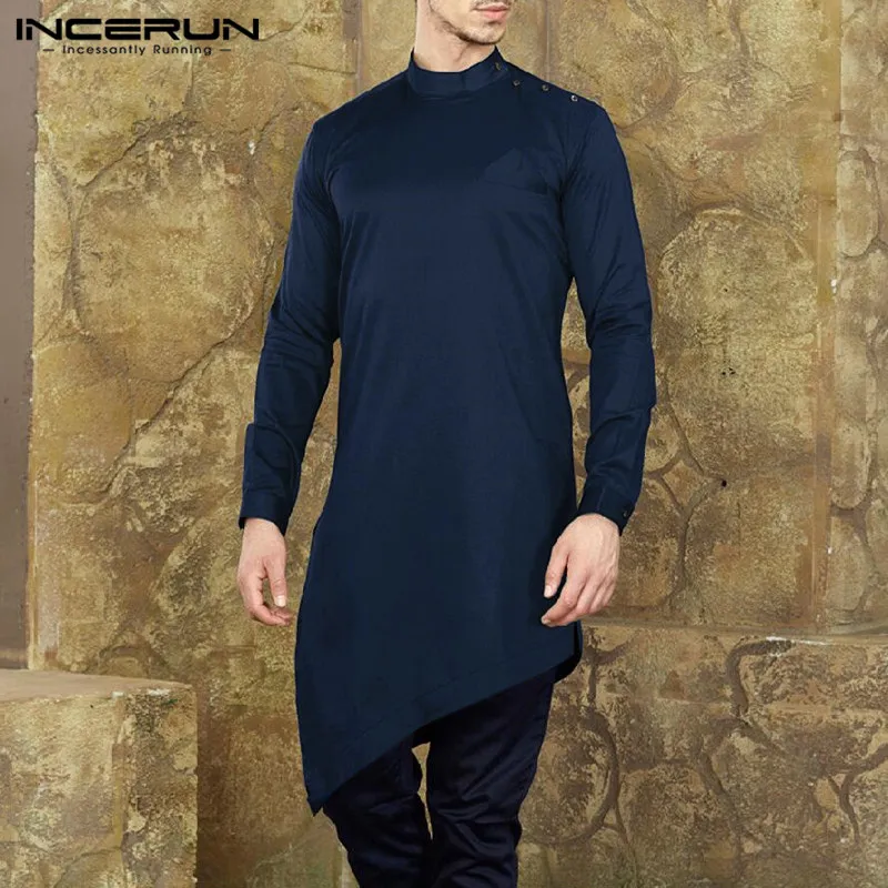 Koszulka z długim rękawem z długim rękawem Nieregularne bluchy muzułmańskie ubrania islamskie Mężczyźni Nepal Styl Solid Casual Shirts Hombre