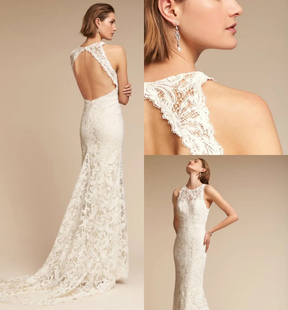 Mermaid BHLDN 2018 Wedding Dress Split Front Hollow Jewel Neck