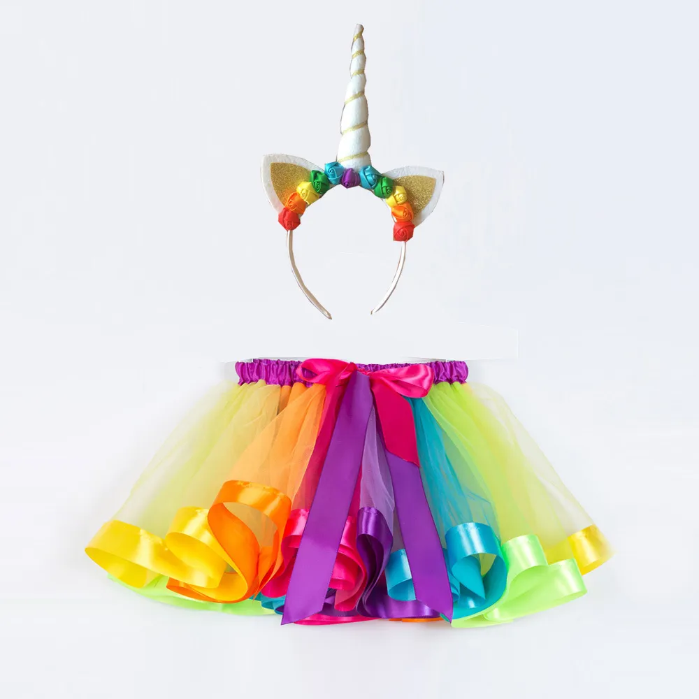 Gonne tutù arcobaleno a strati per bambine con fascia in corno di unicorno 2 pezzi set gonne con fiocco per bambini abiti INS gonna principessa per bambini C3769