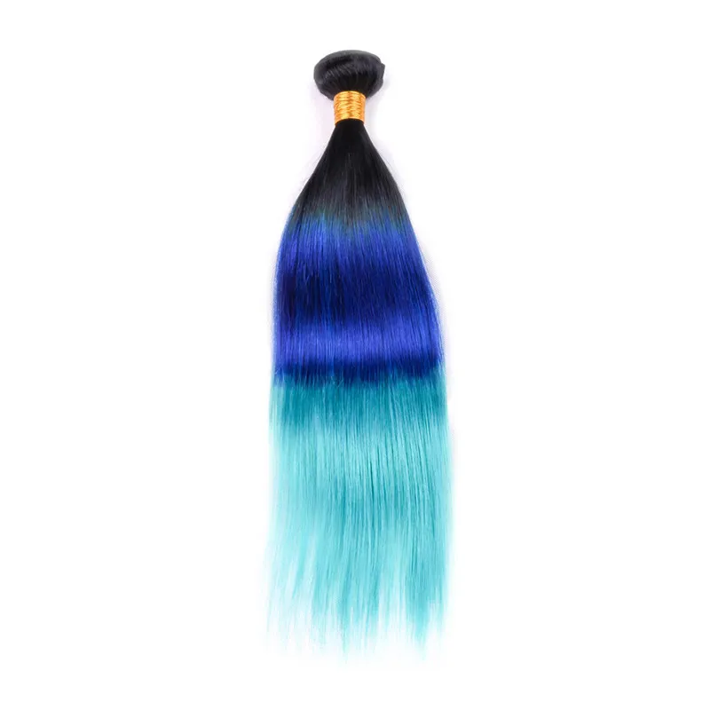 # 1B / Blau / Grün Ombre Brasilianisches Reines Haar Spinnt mit Verschluss Gerade Drei Ton Ombre Menschliches Haar 3 Bundles mit 4x4 Spitzenverschluss