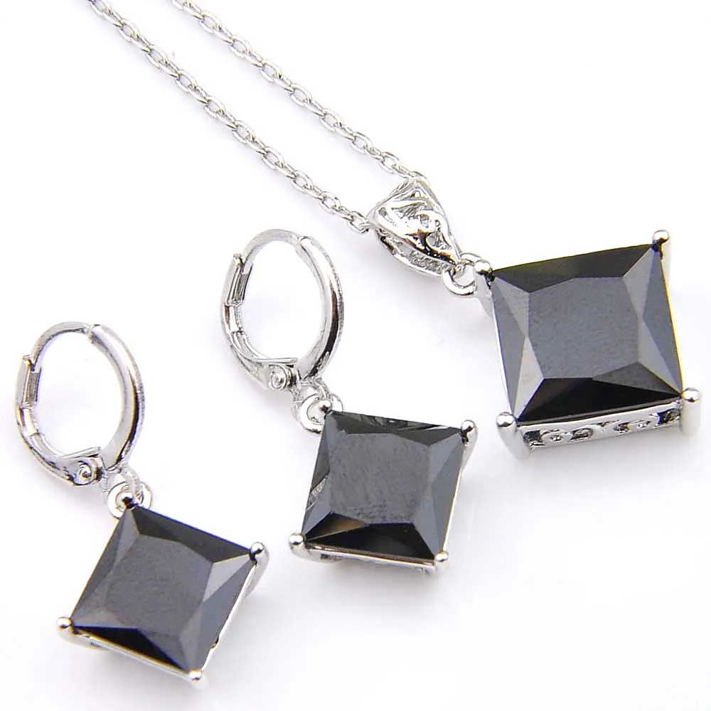 Luckyshine 5 set set di gioielli moda matrimonio quadrato nero onice cristallo zirconi cubici argento 925 pendenti collane orecchini