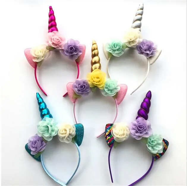 2018 Glitter Metalik Unicorn Kafa Kız Şifon Çiçekler Hairband Çocuklar Için yaprak çiçek Unicorn Boynuz Parti Saç Aksesuarları GA215