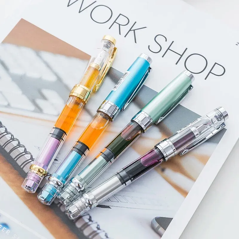 8 Colors Sales promotion Wingsung 3008 transparent Fountain Pen fine students Office stationery 0.5mm nib Write piston ink Pens