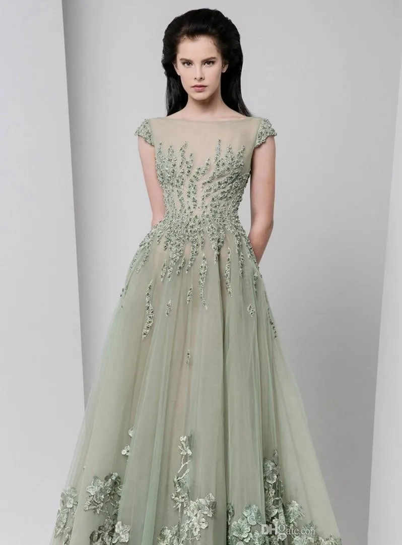 Tony Ward 2018 Spring sage green evening gown with Sheer Neckline, Applique Beads, Sleeves, and Floor-Length Tulle Skirt - Perfect for Prom, Formal Tony Ward 2018 Spring sage green evening gown with Sheer Neckline, Applique Beads, Sleeves, and Floor-Length Tulle Skirt - Perfect for Prom, Formal
