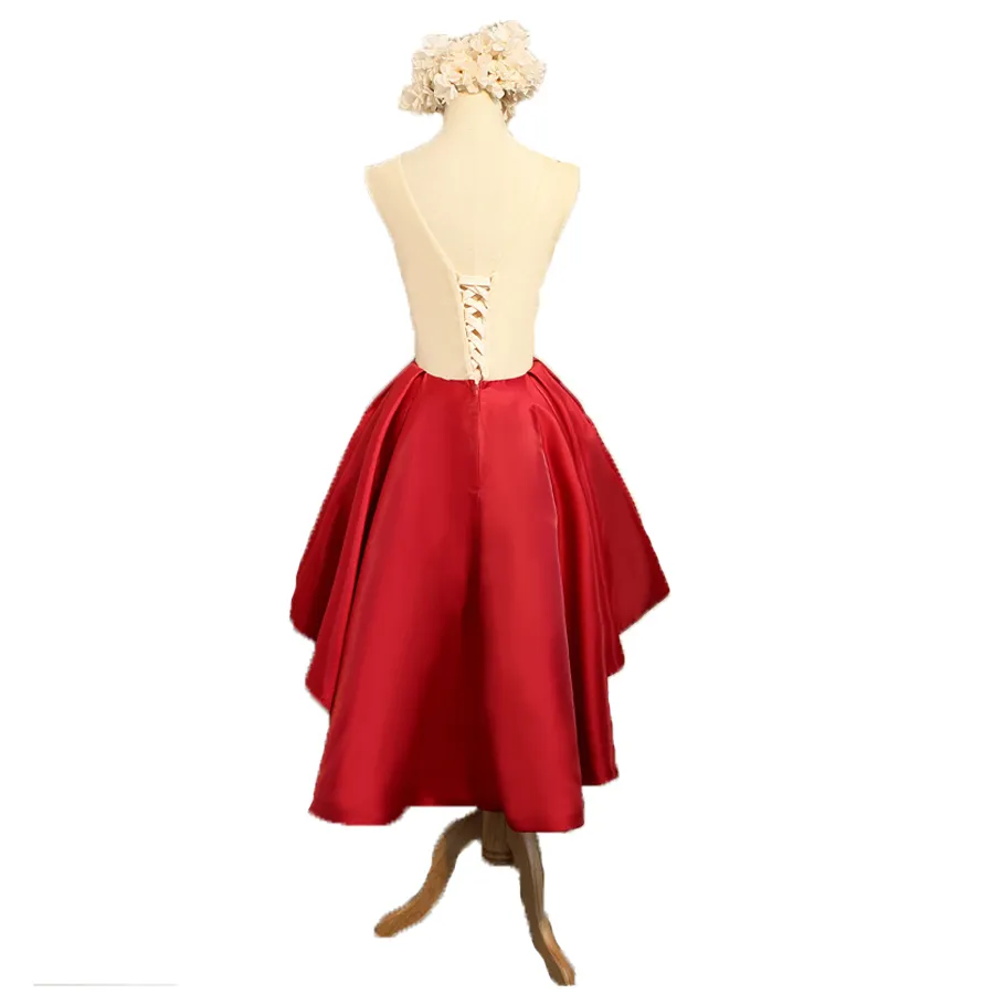 2020 High-Low Embroidered Lace Satin short red prom dresses - Sleeveless Homecoming & Graduation Party Gowns at Affordable Prices 2020 High-Low Embroidered Lace Satin short red prom dresses - Sleeveless Homecoming & Graduation Party Gowns at Affordable Prices