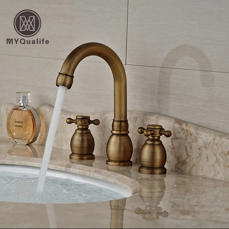 Rubinetto per lavabo con doppia maniglia in ottone antico, rubinetti per miscelatore da bagno a 3 fori diffusi, montaggio su piano