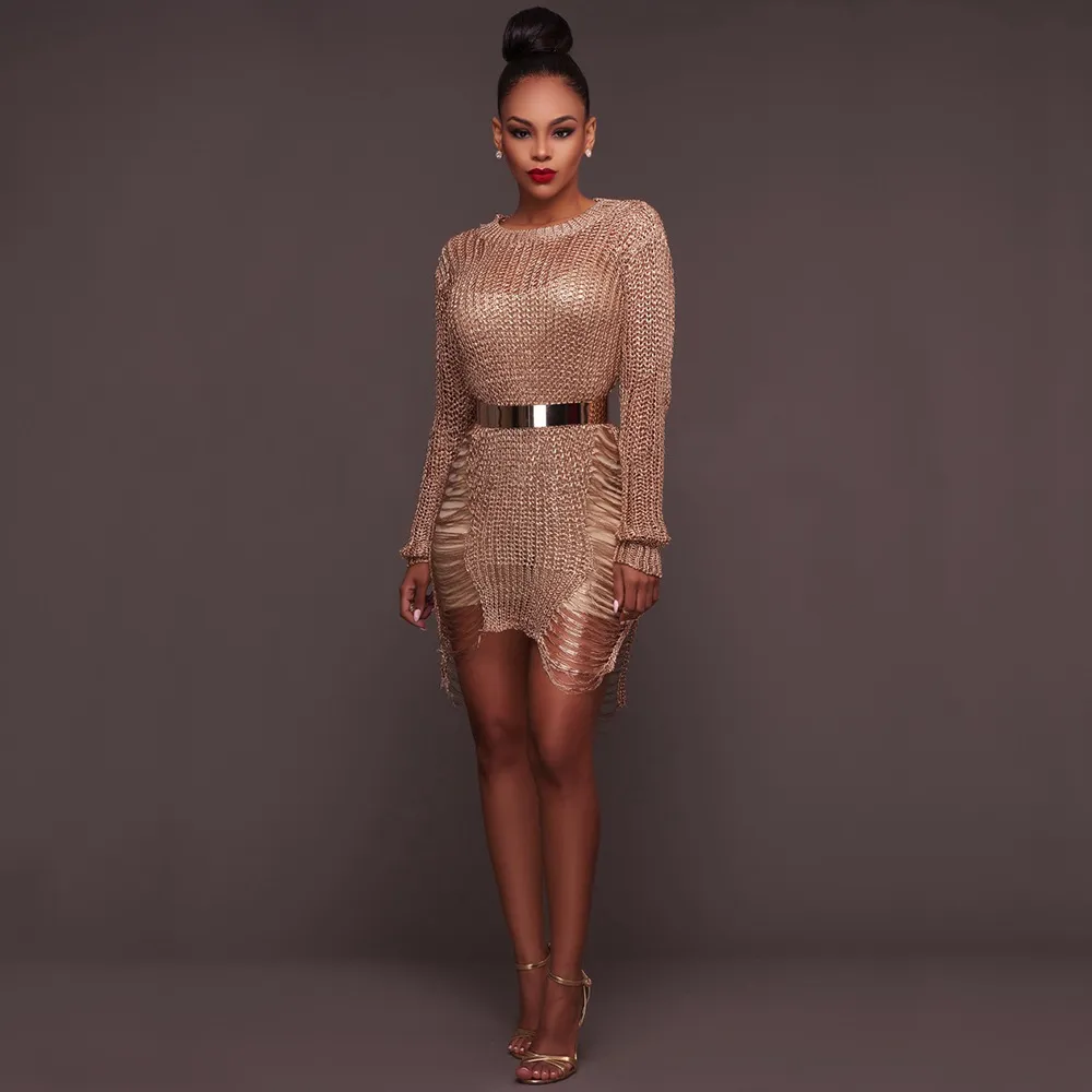DHgate Metallic Knitted Cut Out Sequin Sweater Dress Apparel