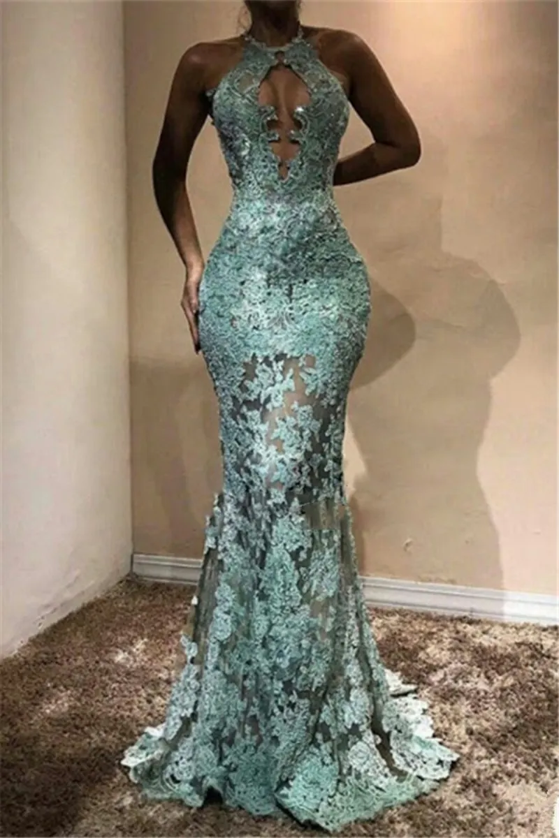 Vert menthe 2018 robe de sirène tenue de soirée trou de serrure cou dentelle appliques robes de bal grande taille robes d'occasion spéciale