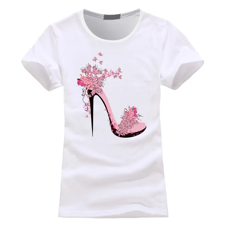 Frauen High Heel Schuhe Gedruckt T-shirts Mode Niedlichen T-shirts Weibliche Sommer Kurzarm Oansatz Tops