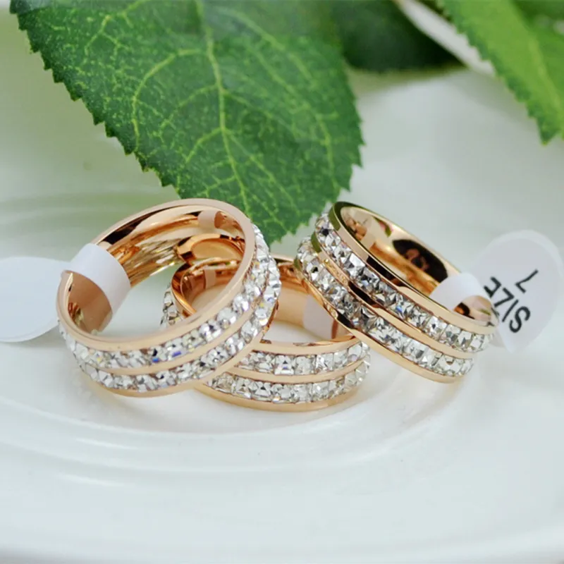 Fashion Silver Titanium Steel Light Diamond Ring, Titanium Steel Jewelry Couple Diamond Diamond Ring Female Double Row Rose Gold Ring