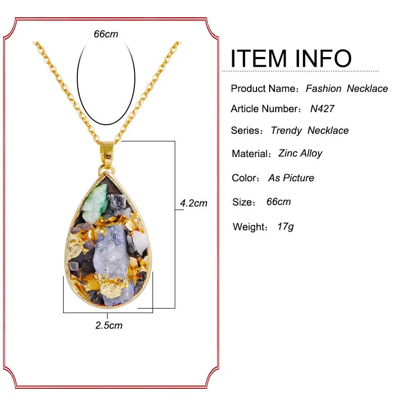 Fashion Stainless Steel Colorful stone multi-shape pendant necklace with 66cm Gold Popcorn Chain 6 styles Wholesale Casual Jewelry