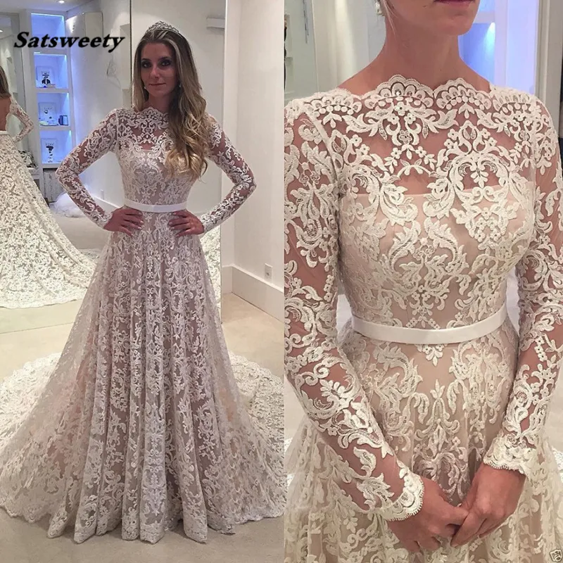 Robe De Noiva Robe De mariée Vintage dentelle col bateau manches longues dos nu Robe De mariée Casamento Mariag Robe De Mariee