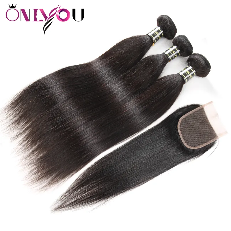 Extensiones de cabello humano liso peruano, 3 paquetes con cierre de encaje de 4x4, cabello Remy, tramas de cabello virgen brasileño barato con 3059036