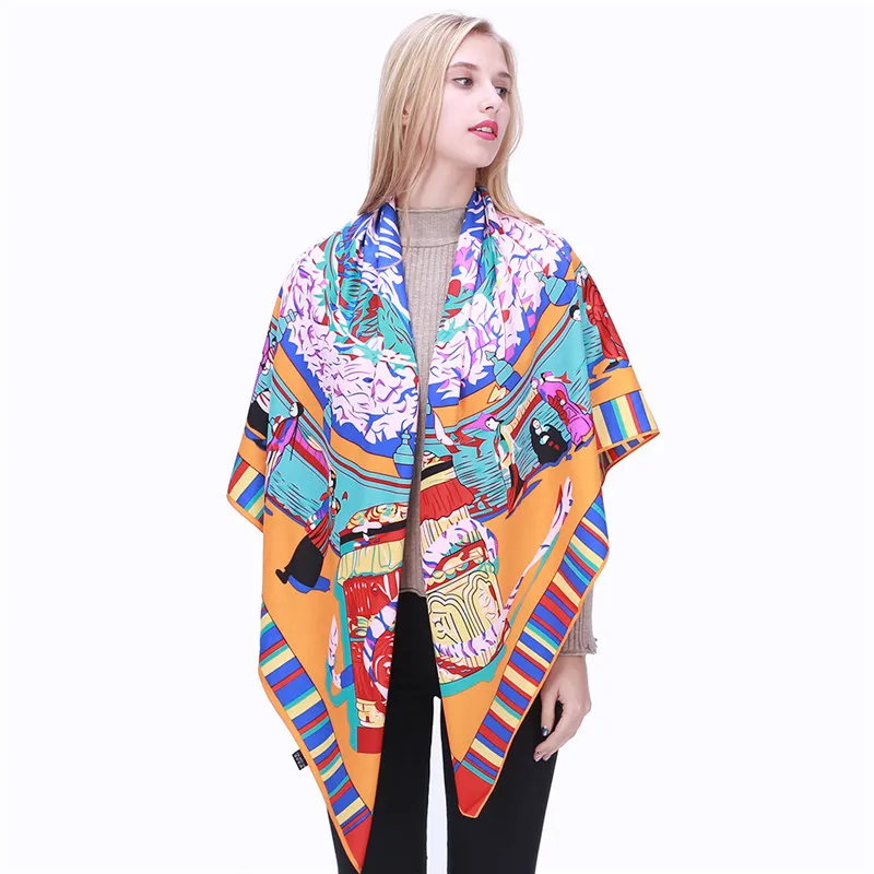 New Twill Silk Scarf Women Tibet Pilgrimage Printing Square Scarves