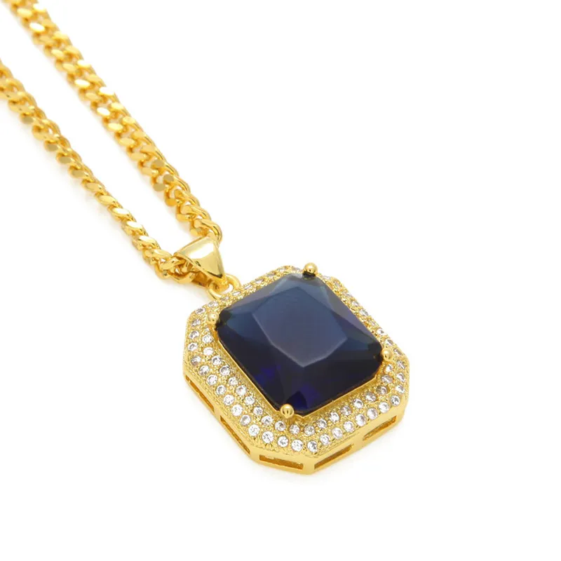 New Fashion 18k Gold Plated Cuban Chain and Synthetic Mini Red Blue Bling Ruby Pendant Necklace Men Women Hip Hop Necklace Jewelry