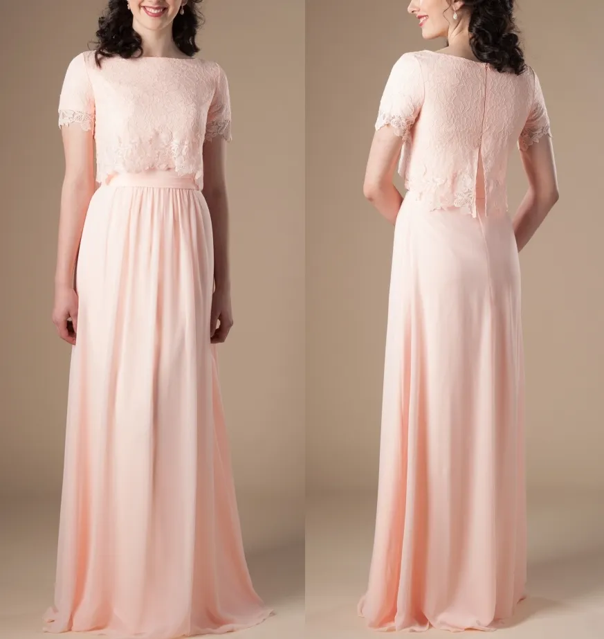Peach Boho Long Modest Bridesmaid Dresses With Cap Sleeves Lace Top Chiffon Skirt Bohemian Formal Rustic Wedding Party Dress Religious