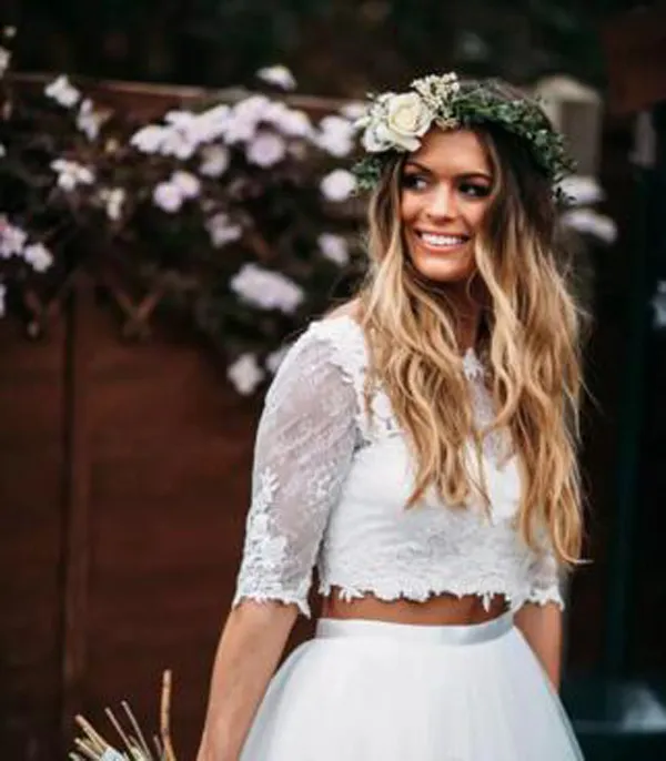 Plus Size Land Boho Beach Trouwjurken Twee stukken Een lijn Vintage Kant Crop Top Half Mouwen Griekse Boheemse Goedkope Bruidsjurken