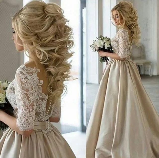 Vintage Champagne Wedding Dress With Sleeves With Sheer Neckline Half Sleeves Appliques Lace And Satin 2019 Collection From Sarahbridal 143.22 DHgate.Com