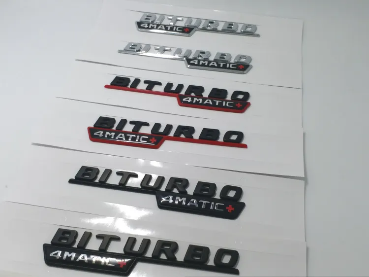 1Pair Matte Black Chrome Turbo 4Matic Biturbo 4MATIC Emblem Badge Fender Side Supercharge Logo Car Styling Sticker för Mercedes B256I