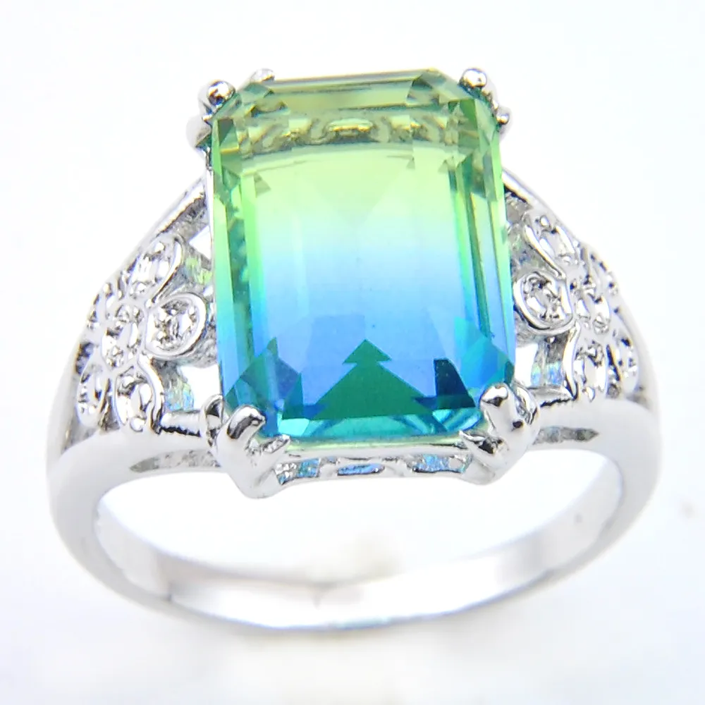 Dernier style 925 Sterling Silver Plaqué Anneaux Luckyshine Océan Rectangle Bleu Vert Bi couleur Tourmaline Gemmes Pour Femmes Anneaux Je