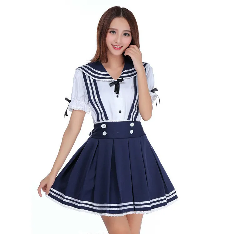 New Japanese School Uniform Cosplay Costume Anime Girl Maid Sailor Lolita Dress Striped Blue Shirt + skirt Sailor Suit