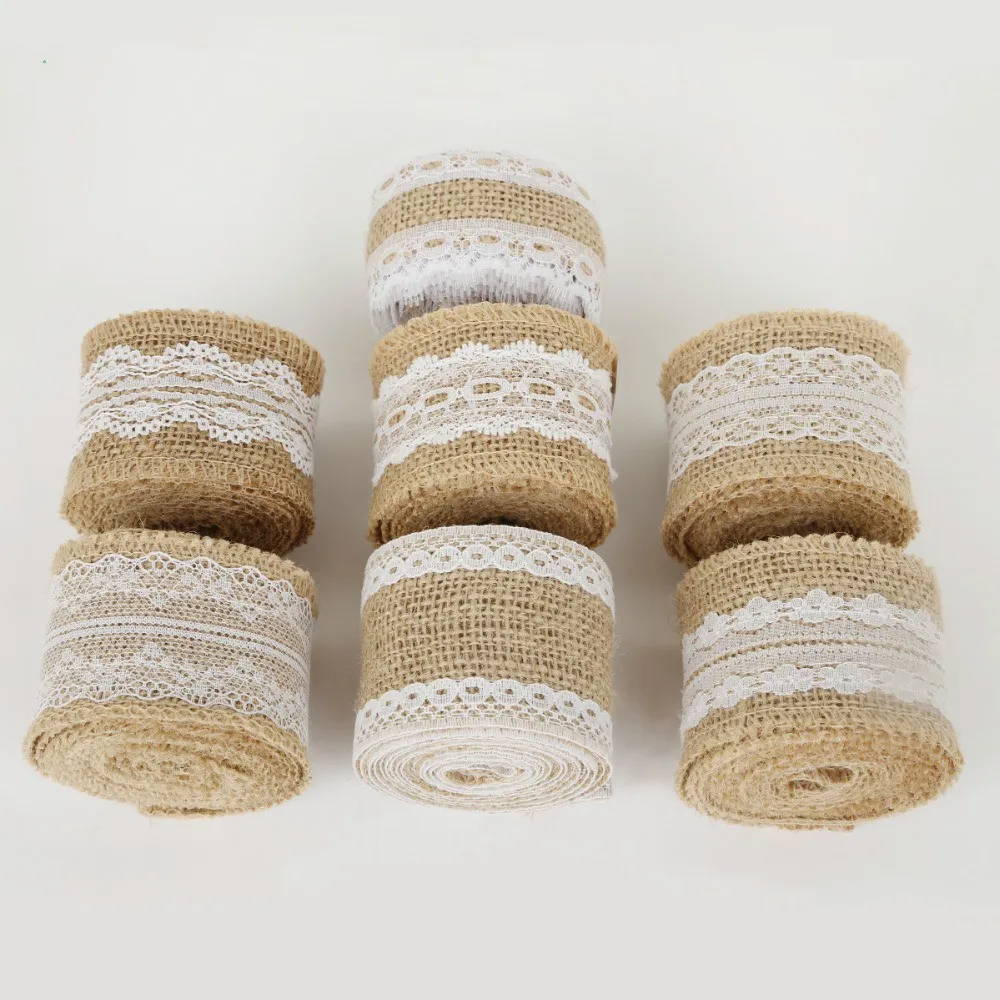 5cm 2m/roll Natural Jute Burlap Hessian Ribbon with Cotton Lace DIY Trim Fabric For Sewing Wedding Decoration Accessories