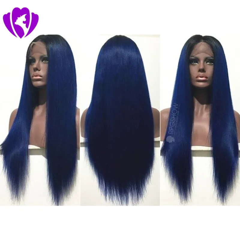 10-30 Zoll langer Mittelteil mit schwarzen Wurzeln, Ombre-blaue Perücke, synthetische Spitze-Front-Perücke, natürliches Haar, lange gerade Perücken für schwarze Frauen