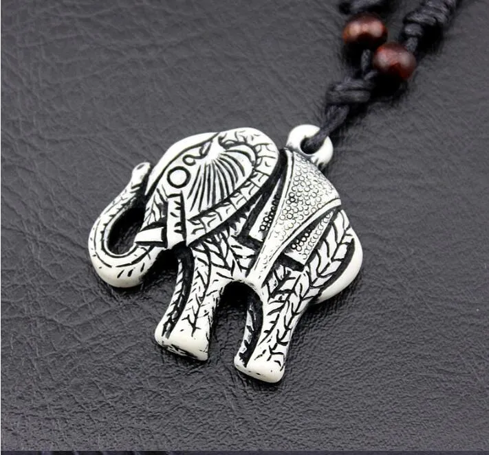 Fashion men Elephant Pendant Necklace Bone Carved Wooden Bead Necklace You can adjust the length of rope4823603