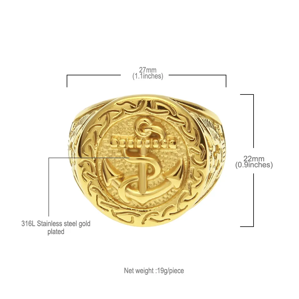 힙합 록 골드 컬러 도금 316L 스테인리스 스틸 앵커 링 골드 반지 빈티지 남성 보석 링 288U