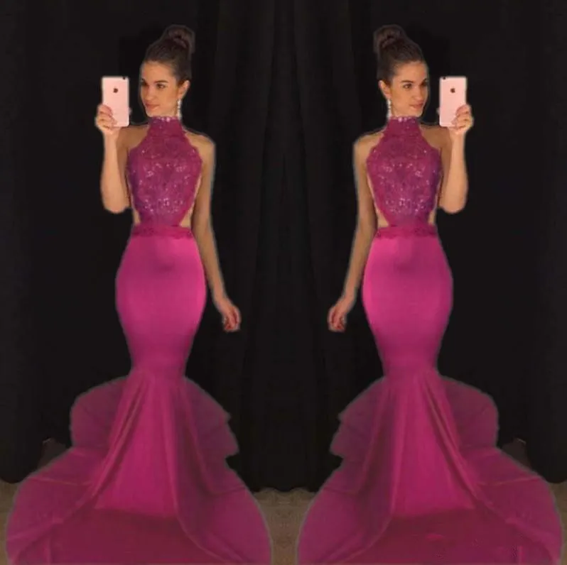 2K 17 Sereia Top Venda Frisado Vestidos de Baile Sexy Backless Cetim Formal Vestidos de Noite High Collar Meninas Pageant Vestido