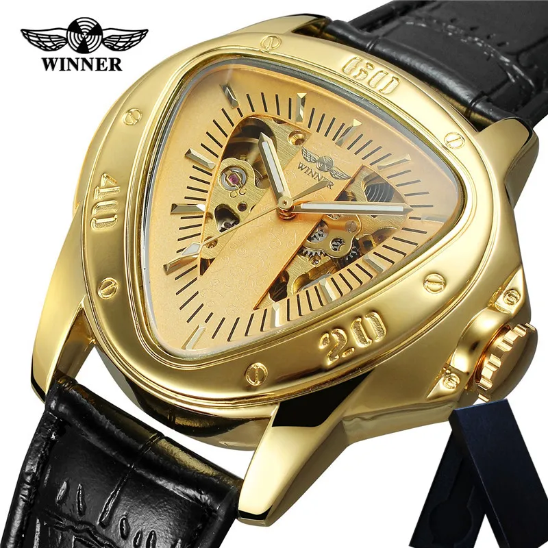 Vencedor Mecânico Automático Mens Relógios De Couro Trângulo Esqueleto Homem Clock Top Sport Masculino WristWatch 0636